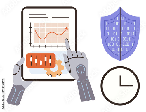 Robotic hands interacting with a tablet displaying a graph and analytics. Blue binary shield for cybersecurity, clock for time. Ideal for AI, automation, data analysis, security, innovation