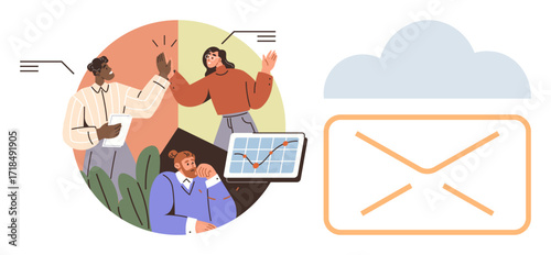Group discussing ideas over analytics while celebrating teamwork. Cloud with envelope linking collaboration, business growth, tech integration. Ideal for communication, teamwork, innovation, project