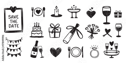 Hand drawn ink illustration of romantic lunch with flowers and wine for wedding party invitations and prints vector