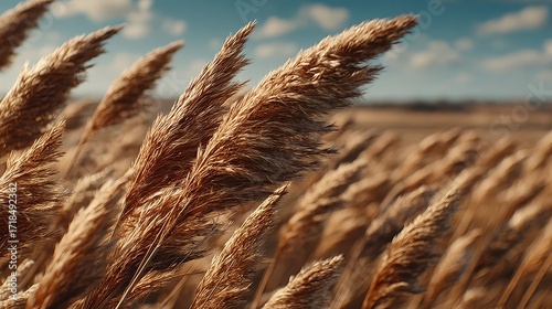 Golden Wheat Fields Under a Bright Blue Sky with Soft White Clouds in a Scenic Agricultural Landscape Captured in Late Afternoon Light