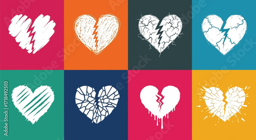 Hearts in various states of damage and repair, representing emotions, love, and relationships