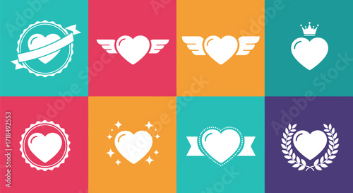 A diverse collection of white vector heart icons, featuring romantic symbols like wings, crowns, and ribbons for graphic design projects