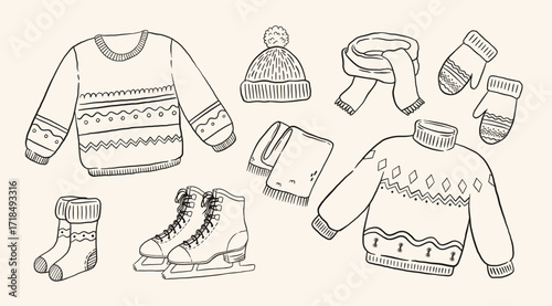 Vintage winter clothes and accessories set in hand drawn Style. Doodle knitted ugly sweaters, mittens, scarf, socks, hat and ice skates vector illustration.