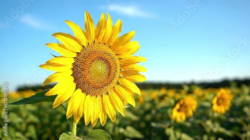Sunflower in full bloom yellow petals facing the sun in a field with a bright blue sky