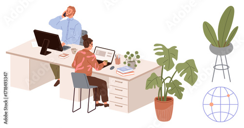 Team members interact using computer, phone, and printed documents at a shared desk. Decor includes potted plants and a globe. Ideal for teamwork, productivity, workspace design, collaboration