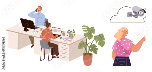 Colleagues working at desk with computers and phones, cloud storage security camera. Ideal for teamwork, technology, cybersecurity, communication, monitoring, workplace safety, modern office simple
