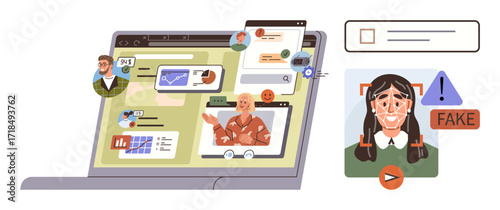 Laptop screen with social media, news posts, deepfake content warning, user profiles, analytics, suspicious interactions. Ideal for cybersecurity, misinformation, AI ethics data analysis online
