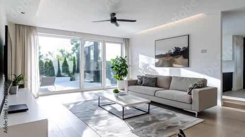 Modern Living Room Interior with Natural Light Gray Sofa and Geometric Rug White Walls and Sliding Doors Opening to Patio and Garden Neutral Tones