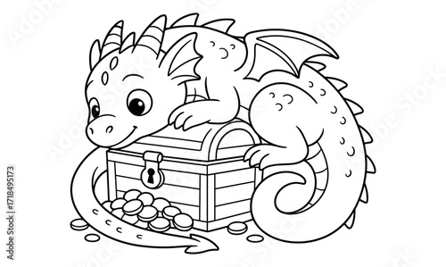 Cute dragon guarding treasure chest illustration for children's coloring book and fantasy design