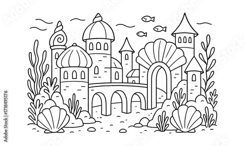 Merfolk city adventure illustration for coloring book and creative design