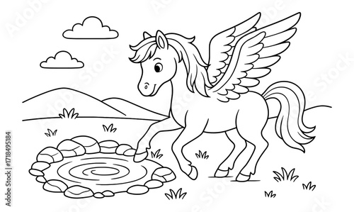 Whimsical winged horse landing near a pond in a scenic landscape illustration for children's art and coloring pages