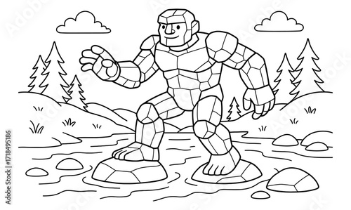 Stone giant crossing a river in a tranquil nature scene for coloring book design