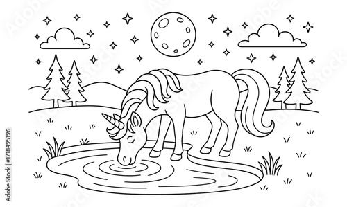 Enchanting unicorn under moonlit sky beside serene pond for magical design inspiration