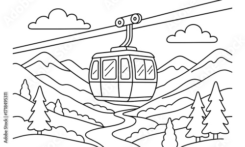 Aerial gondola adventure in scenic mountain landscape for coloring and design projects