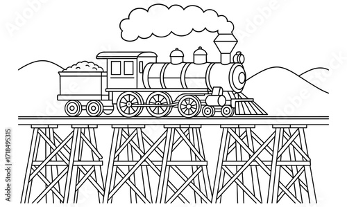 Vintage locomotive adventure on wooden bridge outline illustration for coloring or design