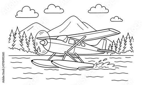 Seaplane takeoff coloring page for kids and adults - nature scene with mountains and lake