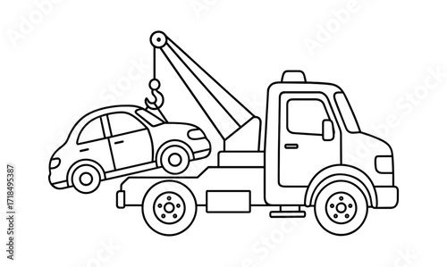Tow truck and car coloring page for kids - simple transportation illustration for children’s activities