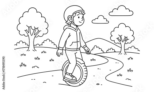 Monowheel rider enjoying nature: coloring page for kids and outdoor activity design