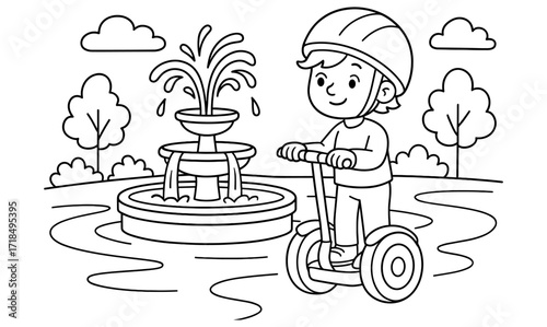 Segway rider coloring page for kids in park with fountain and trees