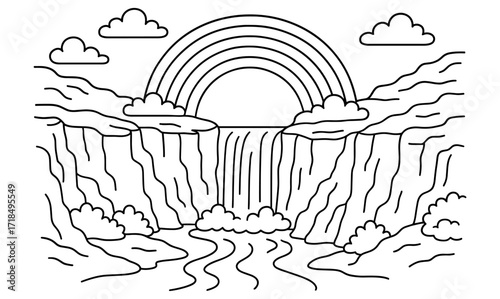 Rainbow over canyon with waterfall and clouds - line art illustration for coloring book design