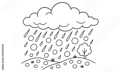 Hailstorm coloring page for kids - simple landscape with clouds and hail