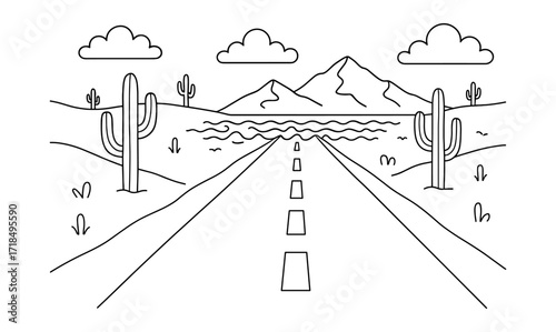 Desert road mirage with mountains and cacti illustration for travel poster or educational materials
