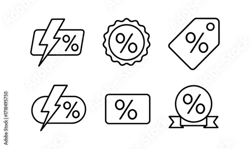 Discount stickers collection for promotions and sales design, featuring simple line art percent signs