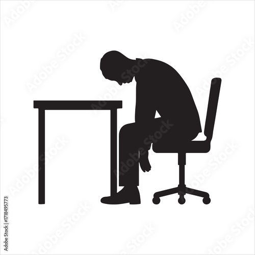 Silhouette of Overworked and Exhausted Businessman Sitting at Desk depicting Burnout and Depression in Corporate Environment showing Stress and Fatigue in a Graphic Design