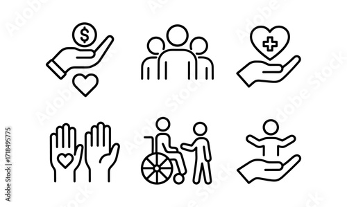 Influencer icons collection: community support and care symbols for design projects