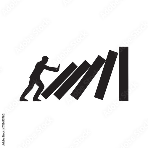 Stopping the Domino Effect Business Concept Man Preventing a Chain Reaction of Falling Blocks Representing Strategy Risk Management Problem Solving Intervention and Stability