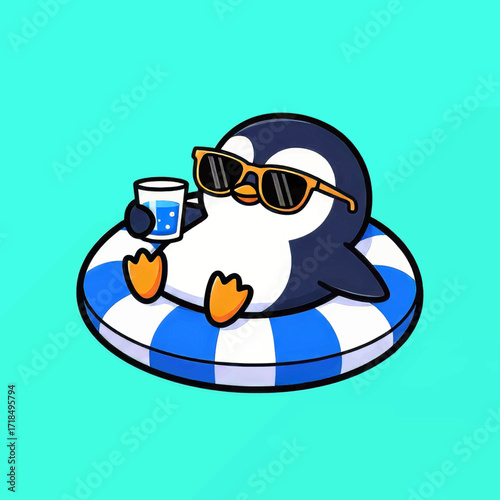 A cute cartoon penguin wearing sunglasses relaxes on a blue and white inflatable ring while holding a glass of water.