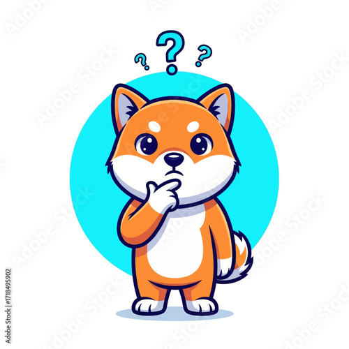A cute cartoon Shiba Inu dog with a thoughtful expression, with question marks above its head.