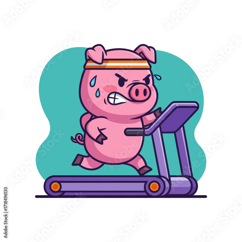 Cartoon pig with a headband running on a treadmill, showing effort and determination during exercise.