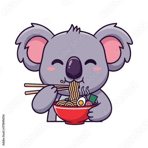 A cute cartoon koala bear with rosy cheeks happily eating a bowl of Japanese ramen noodles with chopsticks.