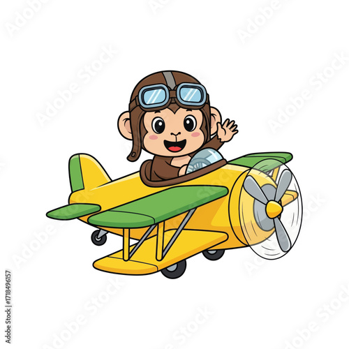 A cute cartoon monkey wearing a pilot's hat and goggles, happily waving from the cockpit of a yellow biplane.