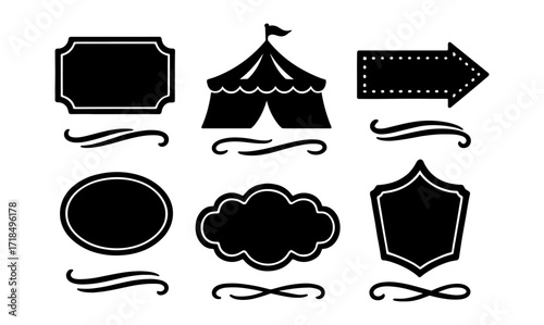 Vintage circus silhouettes set featuring tent, signs, and labels for retro design projects