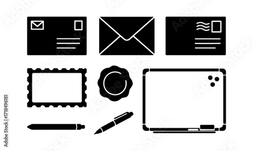 Retro style silhouettes of vintage cards and stationery elements for design projects