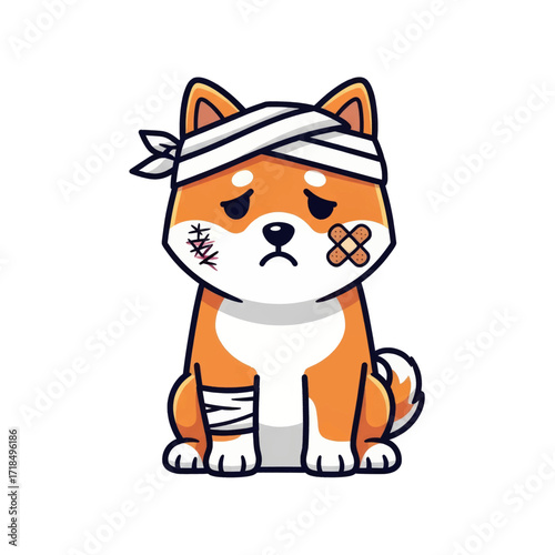 Sad Shiba Inu with bandages, cartoon illustration of injured dog.