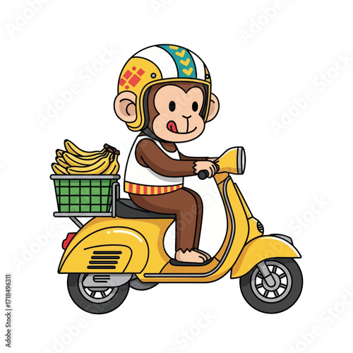 Cute cartoon monkey wearing a helmet and riding a yellow scooter with a basket full of bananas.