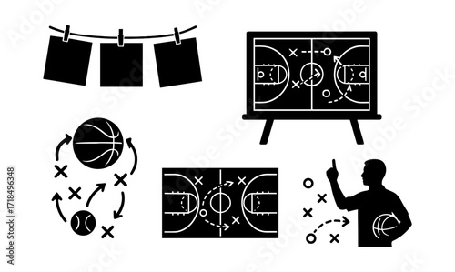 Vintage sports strategy design with frames and court diagrams for coaching and training concepts