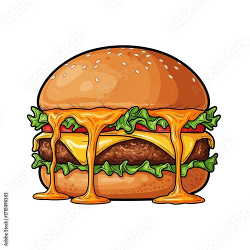 Delicious burger with melted cheese, lettuce, tomatoes, and sesame seed bun, a mouthwatering illustration.