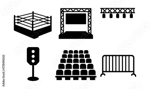 Wrestling arena elements silhouettes collection for event design and planning