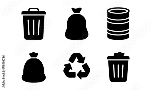Silhouette waste management icons featuring bins, bags, and recycling symbols