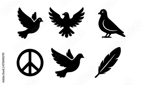 Silhouette peace icons: doves, feather, peace symbol in minimalist design