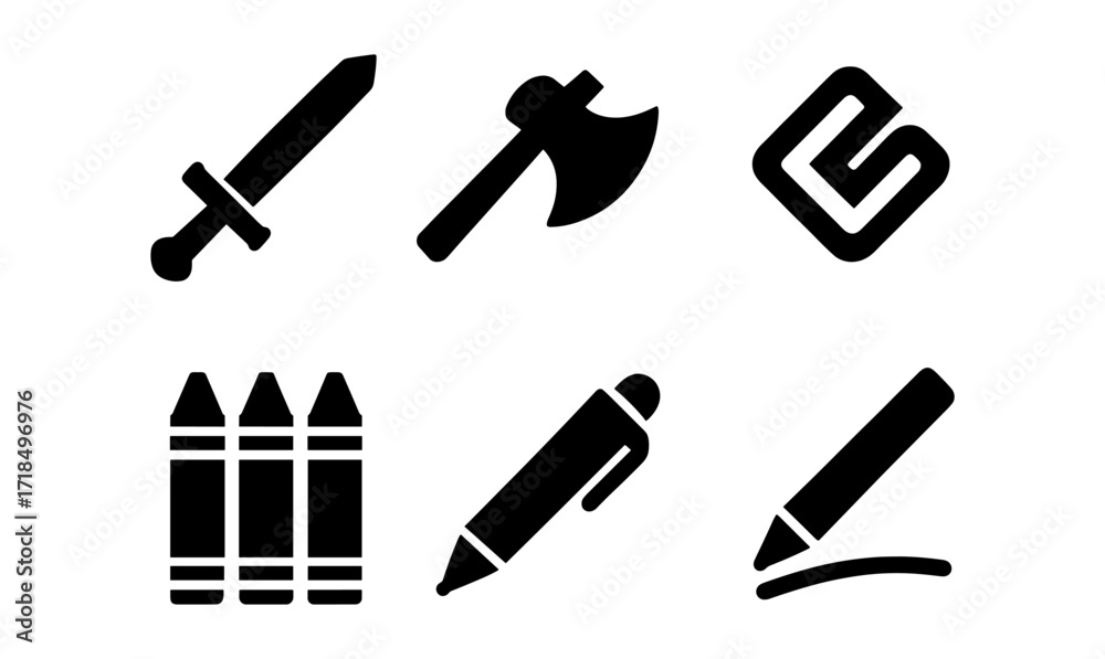 Obraz premium Set of simple black tool and weapon icons in silhouette style