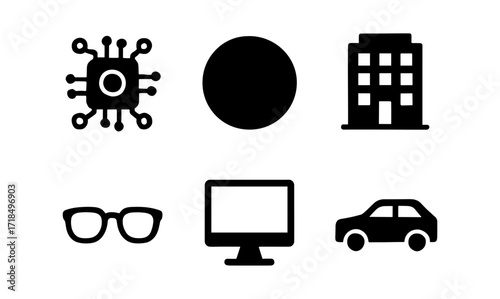 Silhouette icons of technology and everyday objects: chip, circle, building, glasses, monitor, car