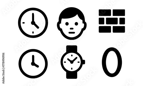 Minimalist black icons: clock, face, wall, watch, zero – bold silhouette design