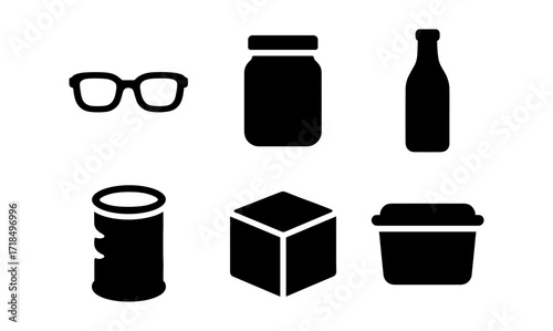 Silhouette icons of everyday items: glasses, jar, bottle, can, cube, container