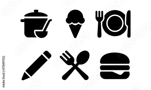Stylish black food and kitchen icons set