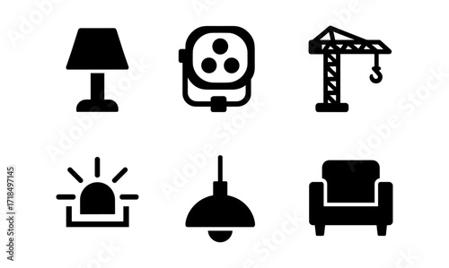 Minimalist icons: lamp, spotlight, crane, siren, pendant light, armchair